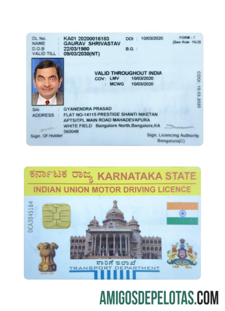 Carteira de motorista do estado de Karnataka da Índia exemplo